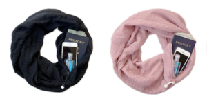 Two functional convertible all-purpose scarves, black and light pink, with smartphones in their pockets.