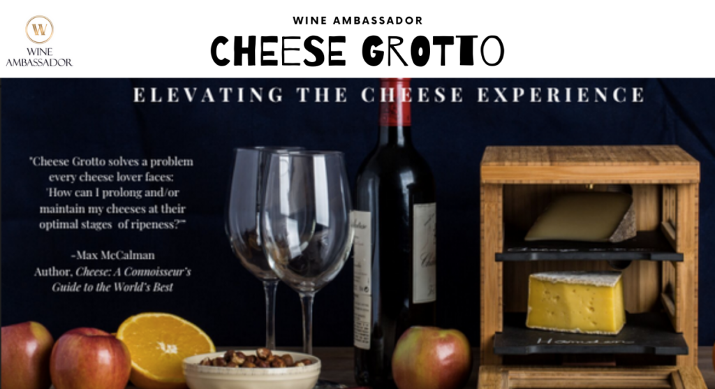 Wind Club gift ideas: a bottle of fine wine, gourmet cheese, and fruits.