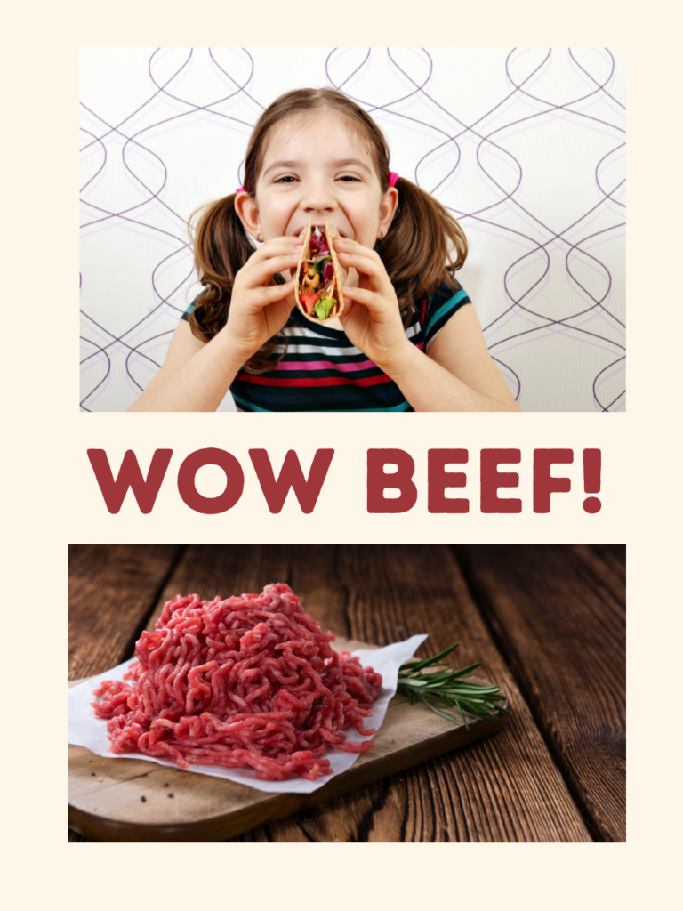 "Wow" nutrient nutrient-dense meat burger material and a girl eating a meat burger.